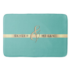 His & Her Names, Gold Stripe on Light Teal Bath Mat
