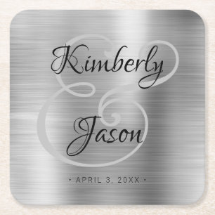 His/Her Script Names, Brushed Silver Metal Wedding Square Paper Coaster