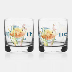 HIS & HER'S BEACH TOWN, WATERCOLOR TROPICAL FISH WHISKEY GLASS