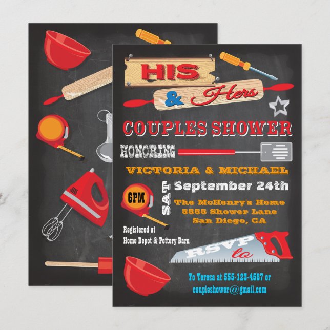His & Hers Couples Chalkboard Shower Invites (Front/Back)