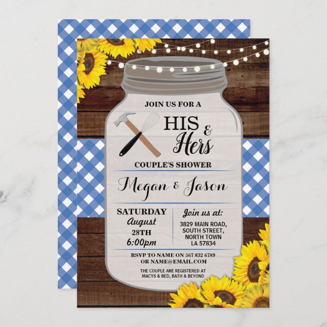 His & Hers Couple's Shower Rustic Wood Blue Invite (Front/Back)