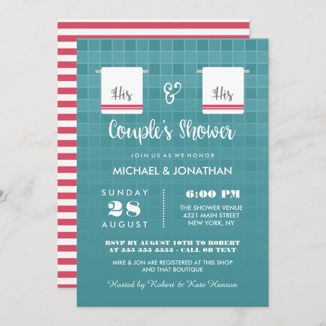 His & His | Blue & Red Gay Couple's Shower Invitation (Front/Back)