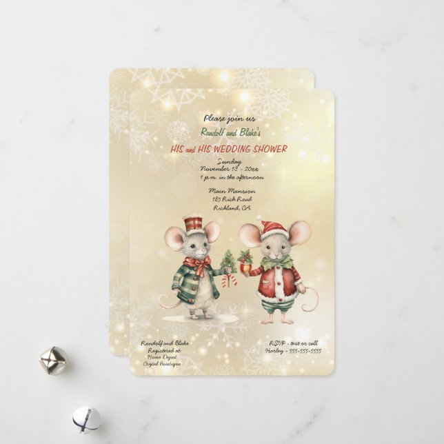 His & His Little Mice Wedding Shower Holiday Card (Front/Back In Situ)