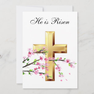 His is Risen Watercolor Easter Pink Blossom Cross Invitation