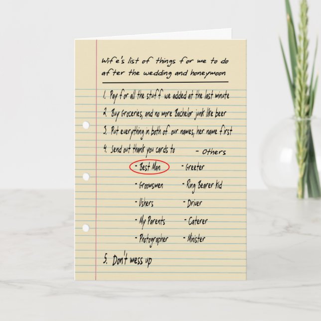 HIS LIST - Thanks Best Man - FUNNY Thank You Card (Front)