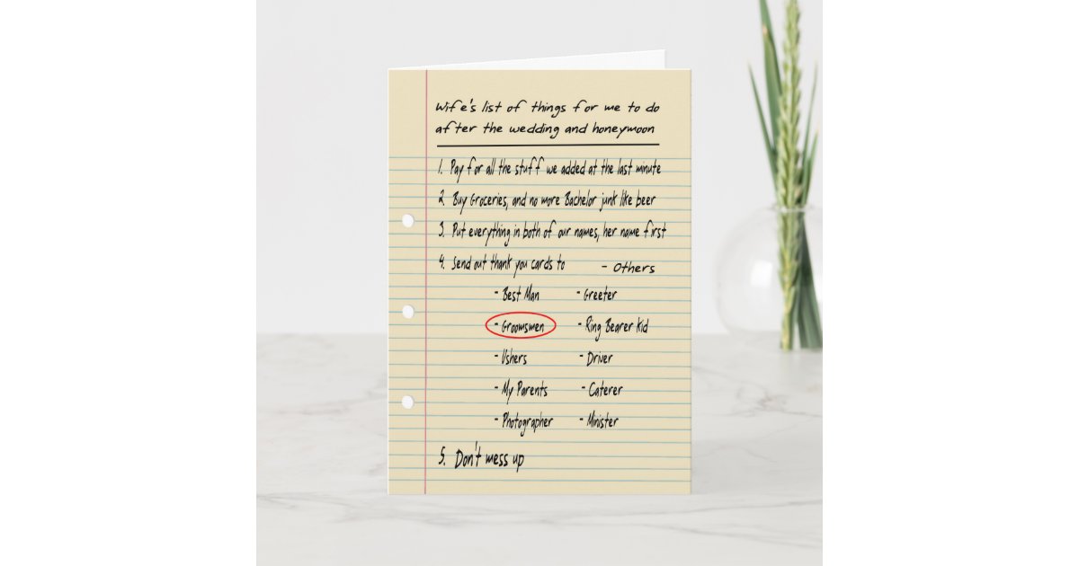 His List Thanks Groomsmen Funny Thank You Card Zazzle Ca