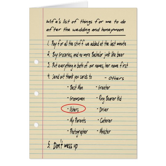 HIS LIST - Thanks ushers - FUNNY Card