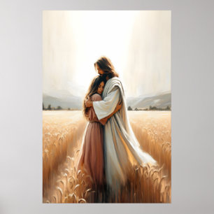 His Loving Embrace Jesus Hugging Woman Healing Poster