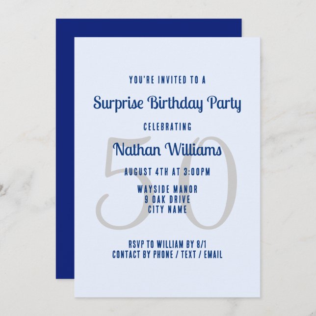 His Surprise Birthday Party Navy Blue Invitation (Front/Back)