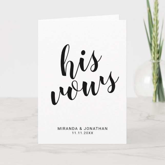 'His Vows' Elegant Black and White Wedding Vows Note Card (Front)