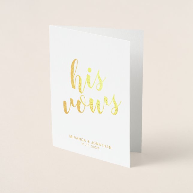 'His Vows' Elegant Real Gold Foil Wedding Vows Card (Front)