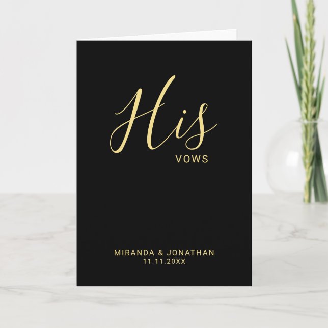 'His Vows' Minimalist Black and Gold Wedding Vows Note Card (Front)