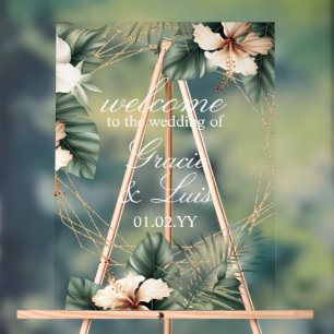Hisbiscus Monstera Botanical Florals Gold Wedding Acrylic Sign
