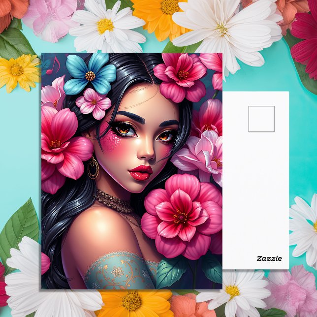 Hispanic Anime Girl with Pretty Pink Flowers Postcard (Creator Uploaded)