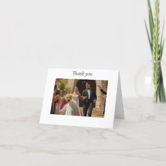 Hispanic couple leaves church after wedding thank you card