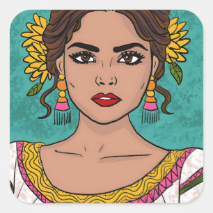 Hispanic Heritage Floral Hand Drawn Woman Square Sticker