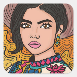 Hispanic Heritage Hand Drawn Sombrero Woman Square Sticker