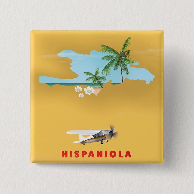 Hispaniola Map illustrated print. 2 Inch Square Button (Front)