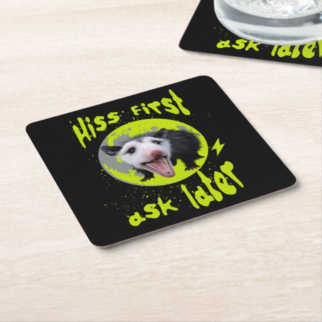 Hiss First Ask Later Funny Opossum Humour  Square Paper Coaster (Angled)