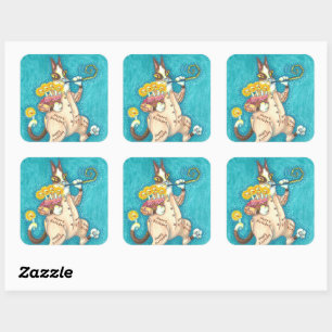 HISS N' FITZ CAT IN BIRTHDAY SUIT, CAKE & CANDLES SQUARE STICKER