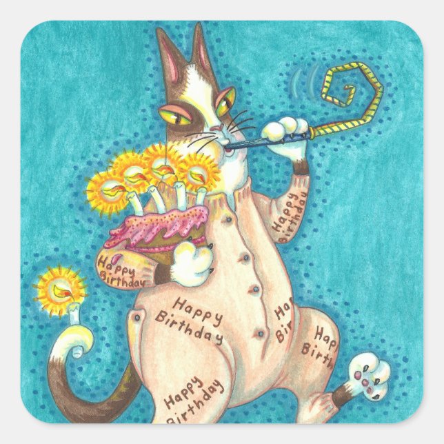 HISS N' FITZ CAT IN BIRTHDAY SUIT, CAKE & CANDLES SQUARE STICKER (Front)