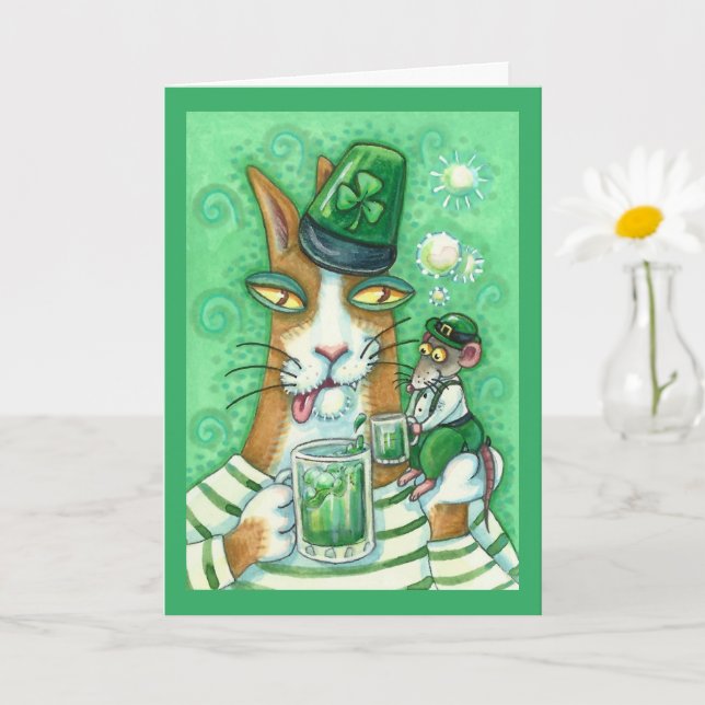 HISS N' FITZ CAT & RAT, CHEERS TO GREEN BEER FUNNY CARD (Small Plant)