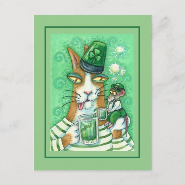 HISS N' FITZ CAT & RAT, CHEERS TO GREEN BEER FUNNY POSTCARD (Front)