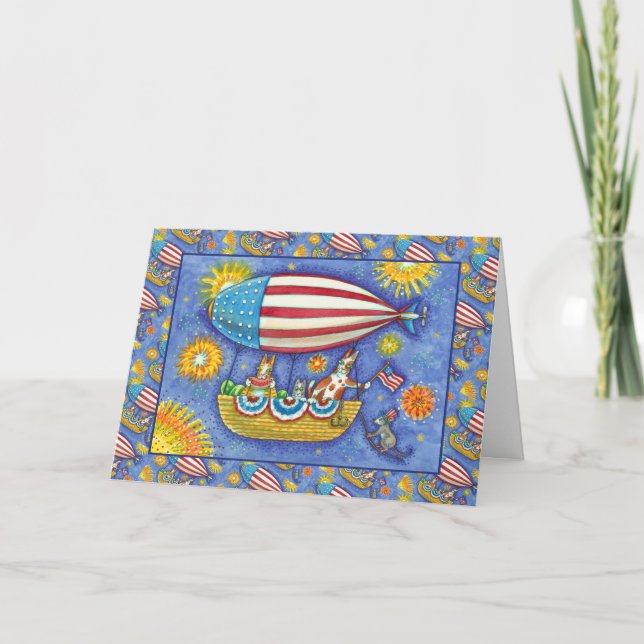 HISS N' FITZ CATS 4TH OF JULY ZEPPELIN Funny Holiday Card (Front)