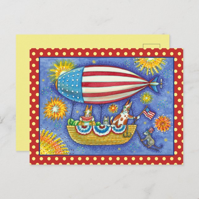 HISS N' FITZ CATS 4TH OF JULY ZEPPELIN Funny Holiday Postcard (Front/Back)