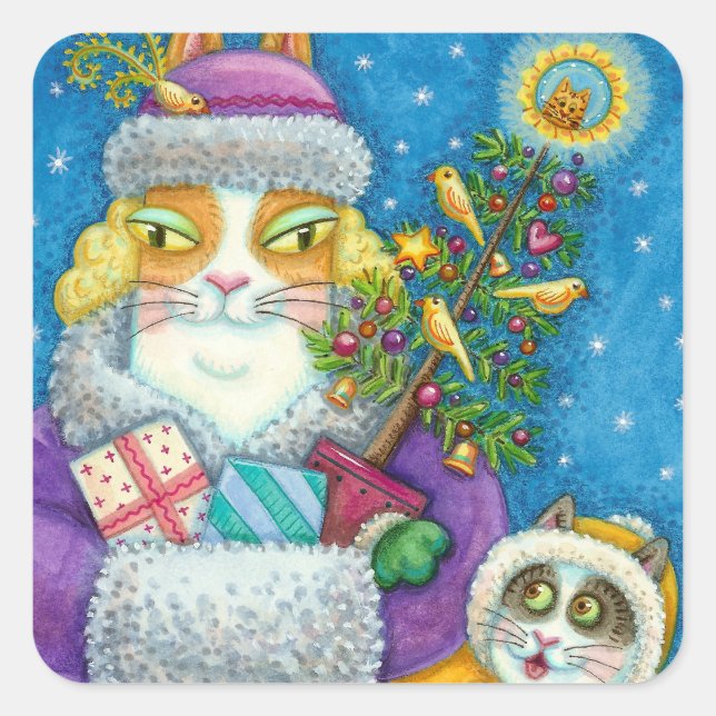HISS N' FITZ CATS CHRISTMAS SHOPPING, FEATHER TREE SQUARE STICKER (Front)