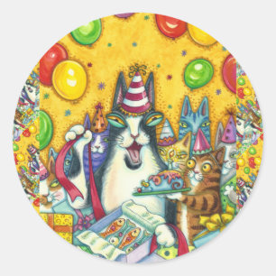 HISS N' FITZ CATS, KITTENS, MICE, FUNNY BIRTHDAY CLASSIC ROUND STICKER