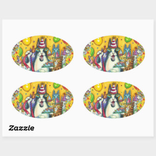 HISS N' FITZ CATS, KITTENS, MICE, FUNNY BIRTHDAY OVAL STICKER
