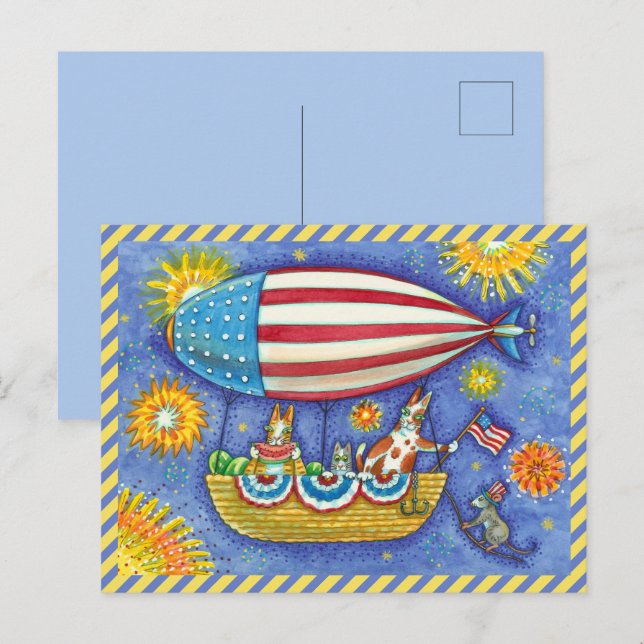 HISS N' FITZ CATS & MOUSE IN 4TH OF JULY ZEPPELIN HOLIDAY POSTCARD (Front/Back)
