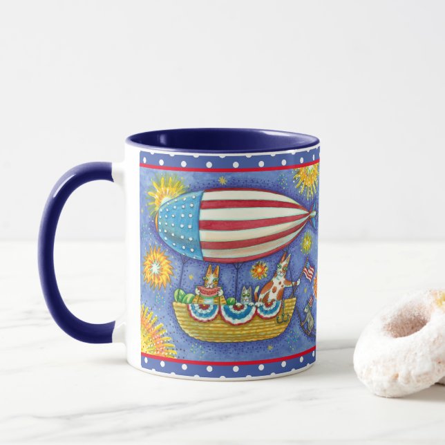 HISS N' FITZ CATS & MOUSE IN 4TH OF JULY ZEPPELIN  MUG (With Donut)