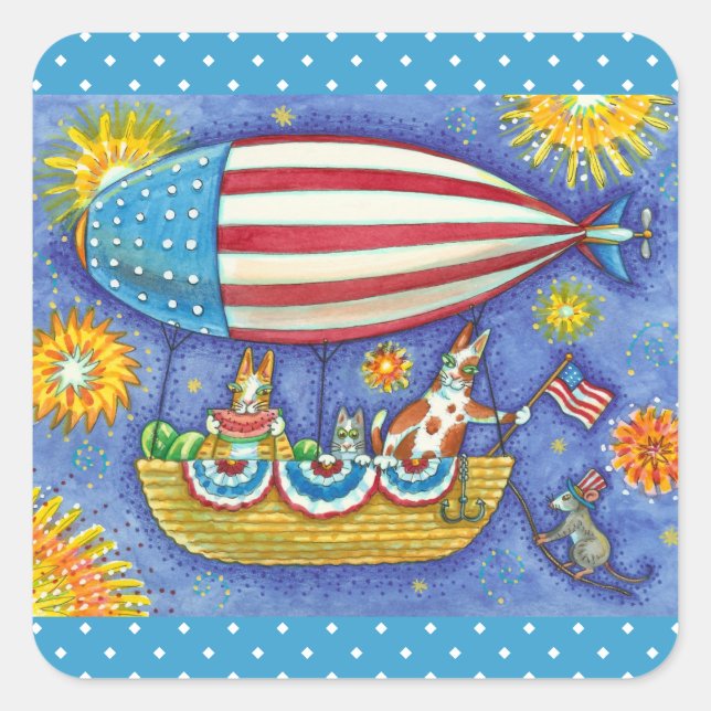 HISS N' FITZ CATS & MOUSE IN 4TH OF JULY ZEPPELIN SQUARE STICKER (Front)