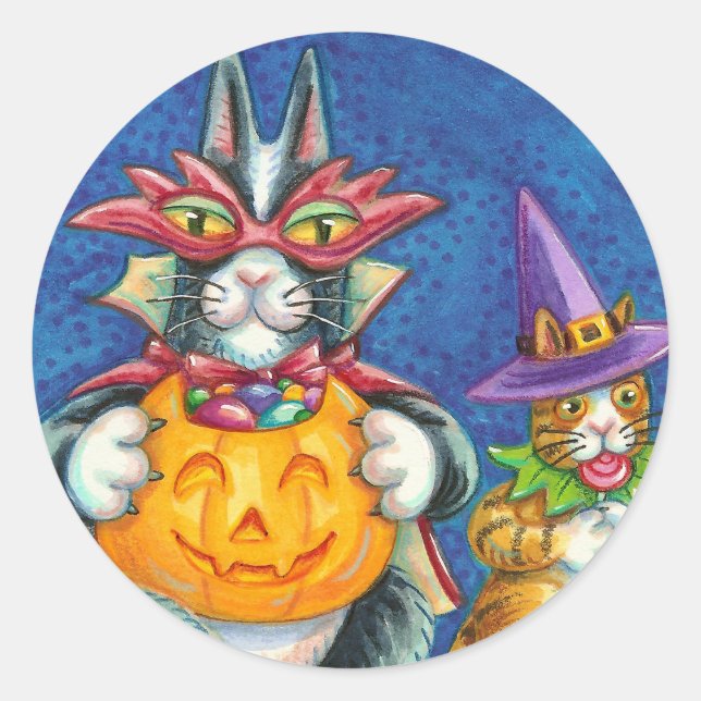 HISS N' FITZ CATS, TRICK OR TREAT FUNNY HALLOWEEN CLASSIC ROUND STICKER (Front)