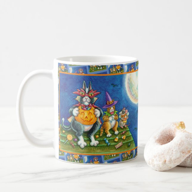 HISS N' FITZ CATS, TRICK OR TREAT FUNNY HALLOWEEN COFFEE MUG (With Donut)