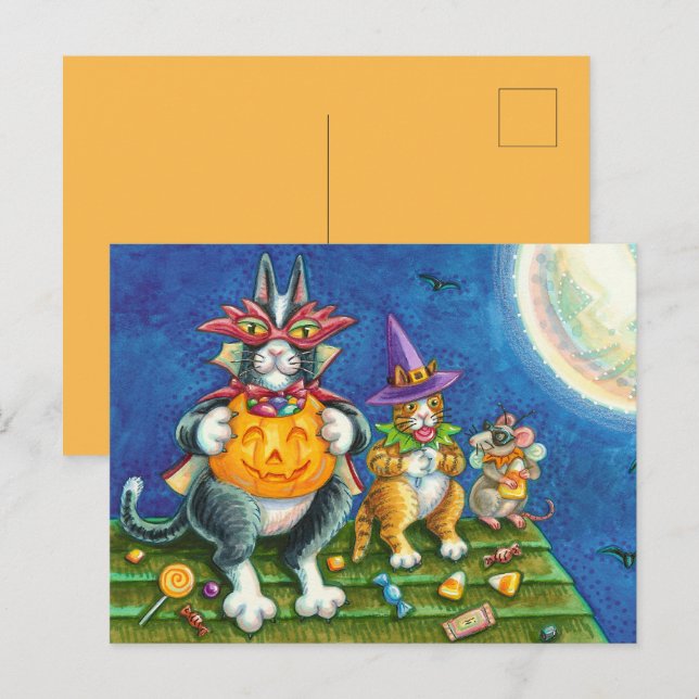 HISS N' FITZ CATS, TRICK OR TREAT FUNNY HALLOWEEN HOLIDAY POSTCARD (Front/Back)