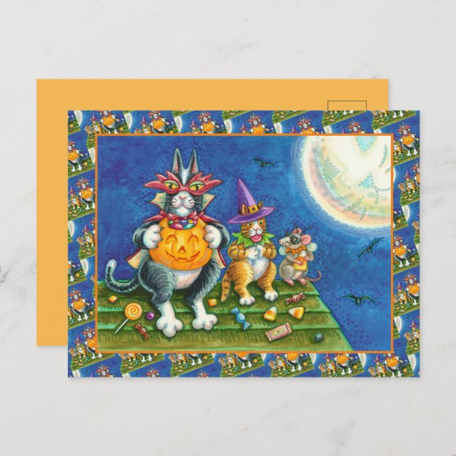 HISS N' FITZ CATS, TRICK OR TREAT FUNNY HALLOWEEN HOLIDAY POSTCARD (Front/Back)