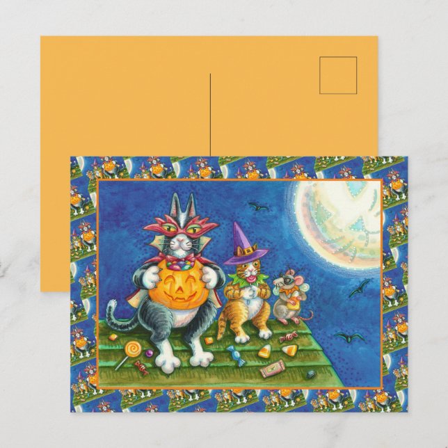 HISS N' FITZ CATS, TRICK OR TREAT FUNNY HALLOWEEN HOLIDAY POSTCARD (Front/Back)