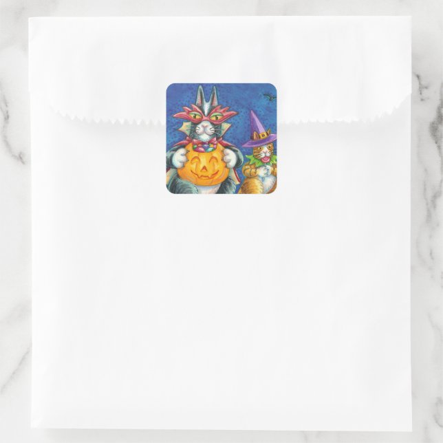 HISS N' FITZ CATS, TRICK OR TREAT FUNNY HALLOWEEN SQUARE STICKER (Bag)