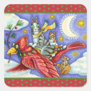 HISS N' FITZ FUNNY CATS, GIANT CHRISTMAS CARDINAL  SQUARE STICKER