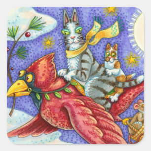 HISS N' FITZ FUNNY CATS, GIANT CHRISTMAS CARDINAL SQUARE STICKER