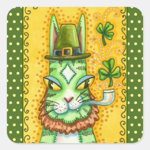 HISS N' FITZ LEPRECHAUN, ST. PADDY'S DAY FUNNY CAT SQUARE STICKER
