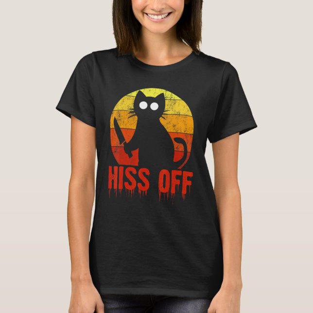 Hiss Off Spooky Gory Cat Knife Bloody T-Shirt (Front)