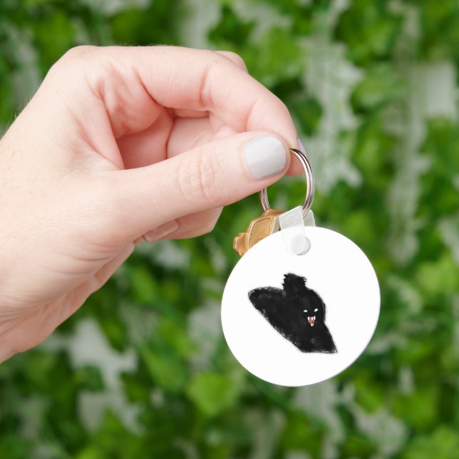Hissing Black Cat Showing Fangs Pencil Art Keychain (Hand)