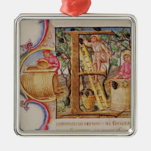 Historiated initial 'E' depicting grape picking Metal Ornament