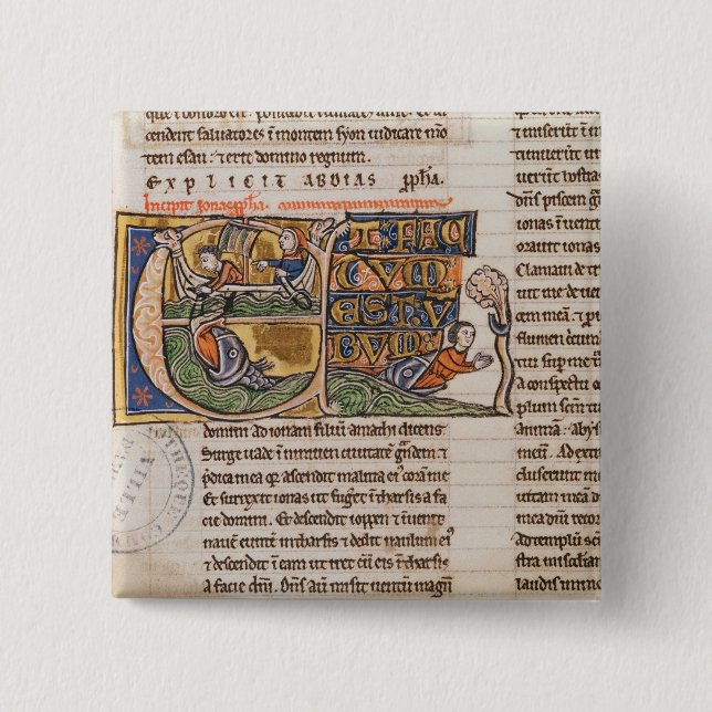 Historiated initial 'E' depicting Jonah 2 Inch Square Button (Front)