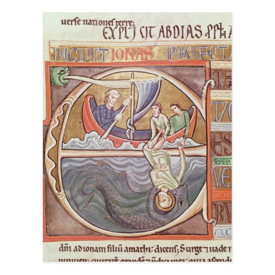 Historiated initial 'E' depicting Jonah Postcard