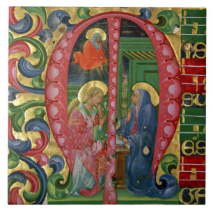 Historiated initial 'M' depicting The Annunciation Tile